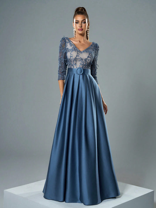V-Neck Embroidered Lace Mid-Length Sleeve Contrast-Painted Satin Decorative Buttoned Wide-Legged Dress