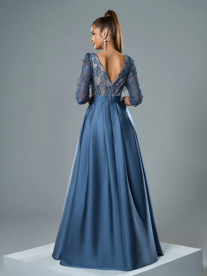 V-Neck Embroidered Lace Mid-Length Sleeve Contrast-Painted Satin Decorative Buttoned Wide-Legged Dress