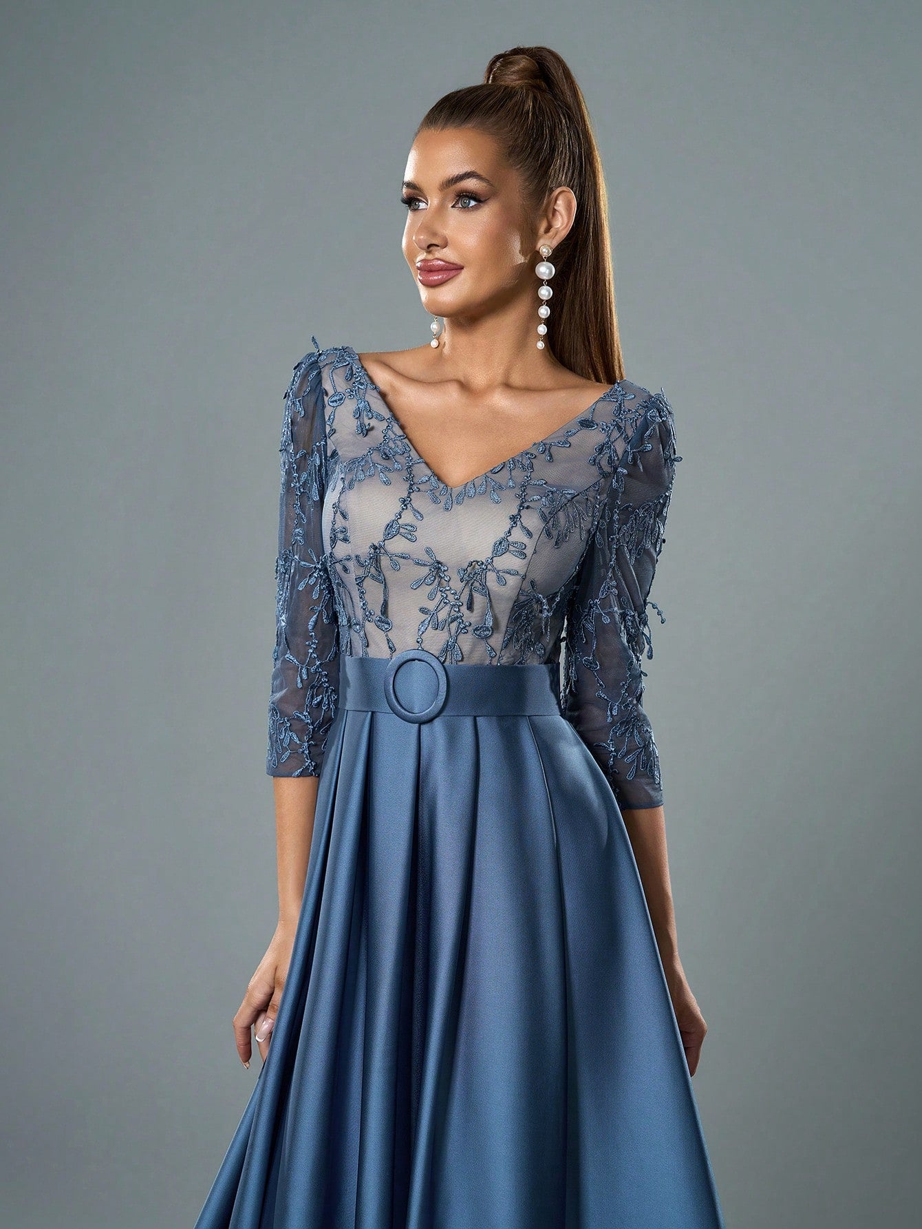 V-Neck Embroidered Lace Mid-Length Sleeve Contrast-Painted Satin Decorative Buttoned Wide-Legged Dress