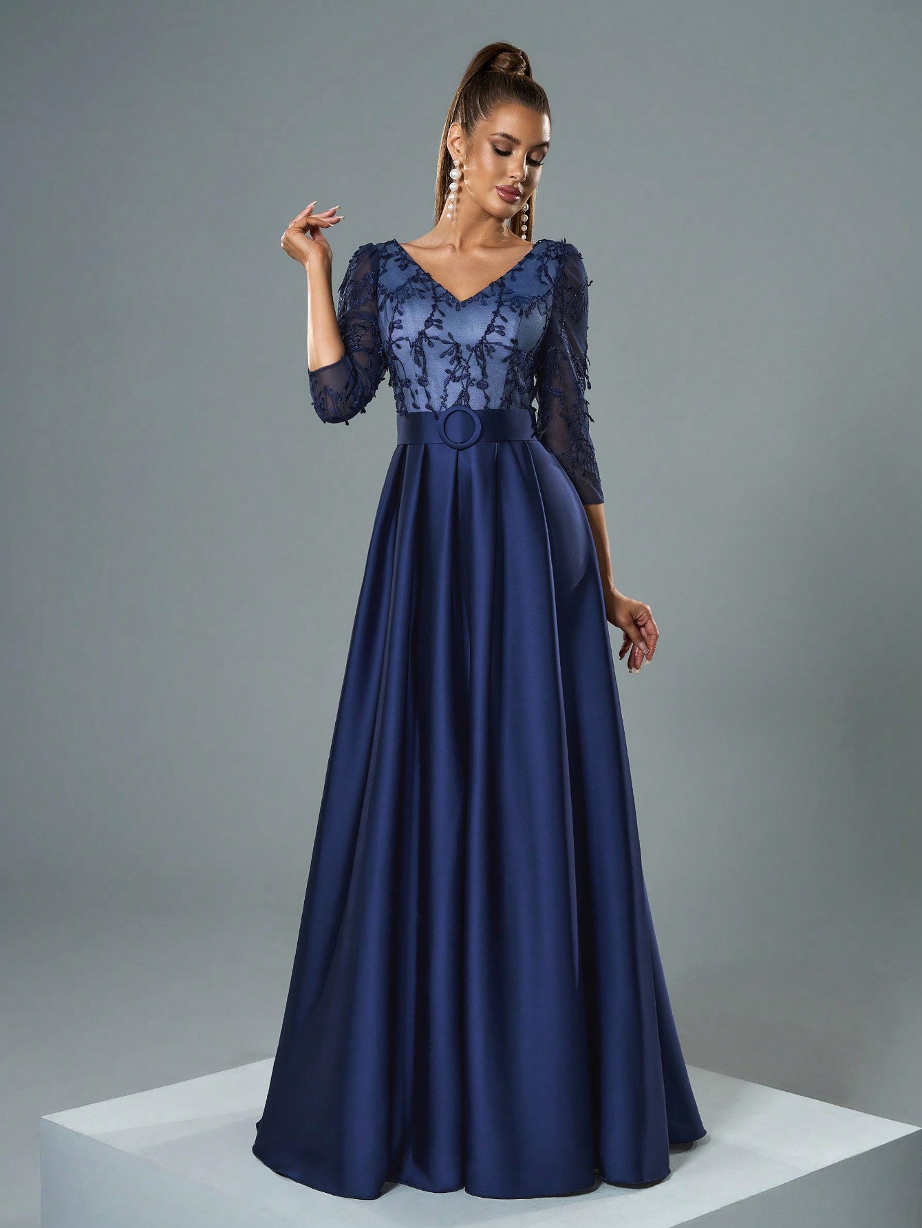 V-Neck Embroidered Lace Mid-Length Sleeve Contrast-Painted Satin Decorative Buttoned Wide-Legged Dress