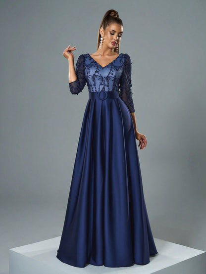 V-Neck Embroidered Lace Mid-Length Sleeve Contrast-Painted Satin Decorative Buttoned Wide-Legged Dress