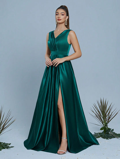 V-Neck Fold Pleated High Slit Maxi A-Line Dress, Bridesmaid Dress