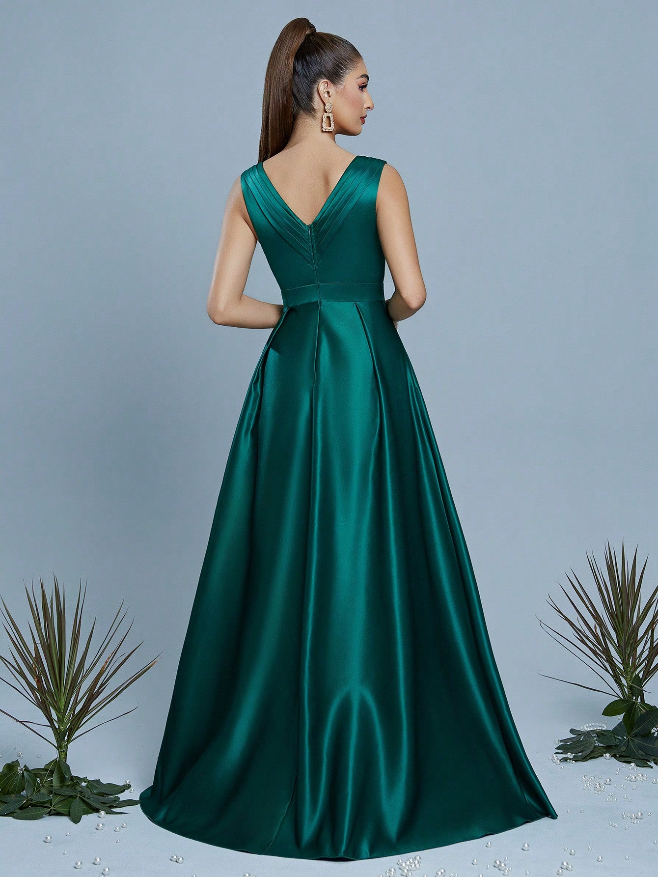 V-Neck Fold Pleated High Slit Maxi A-Line Dress, Bridesmaid Dress