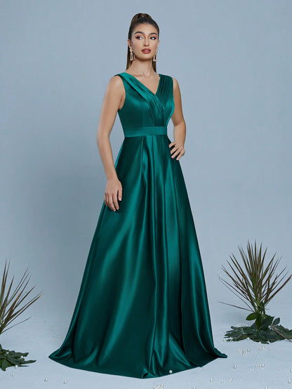 V-Neck Fold Pleated High Slit Maxi A-Line Dress, Bridesmaid Dress