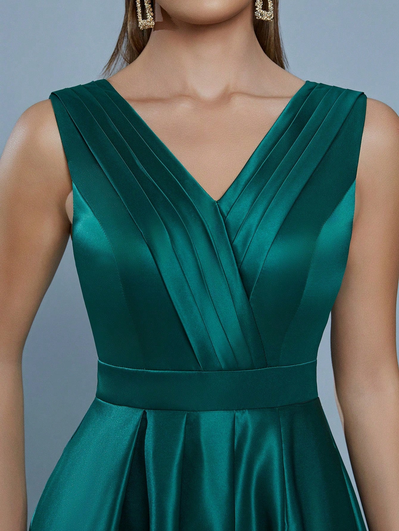 V-Neck Fold Pleated High Slit Maxi A-Line Dress, Bridesmaid Dress