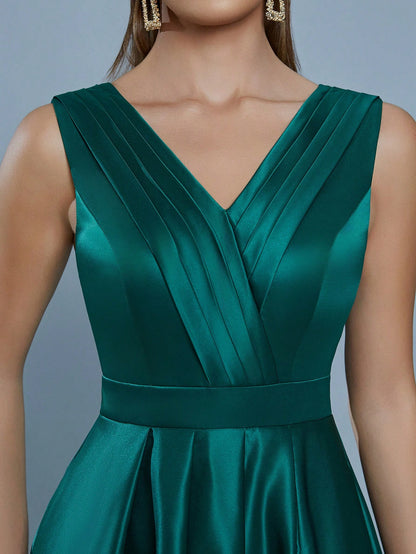 V-Neck Fold Pleated High Slit Maxi A-Line Dress, Bridesmaid Dress