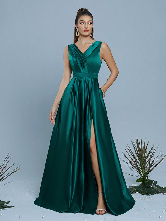V-Neck Fold Pleated High Slit Maxi A-Line Dress, Bridesmaid Dress