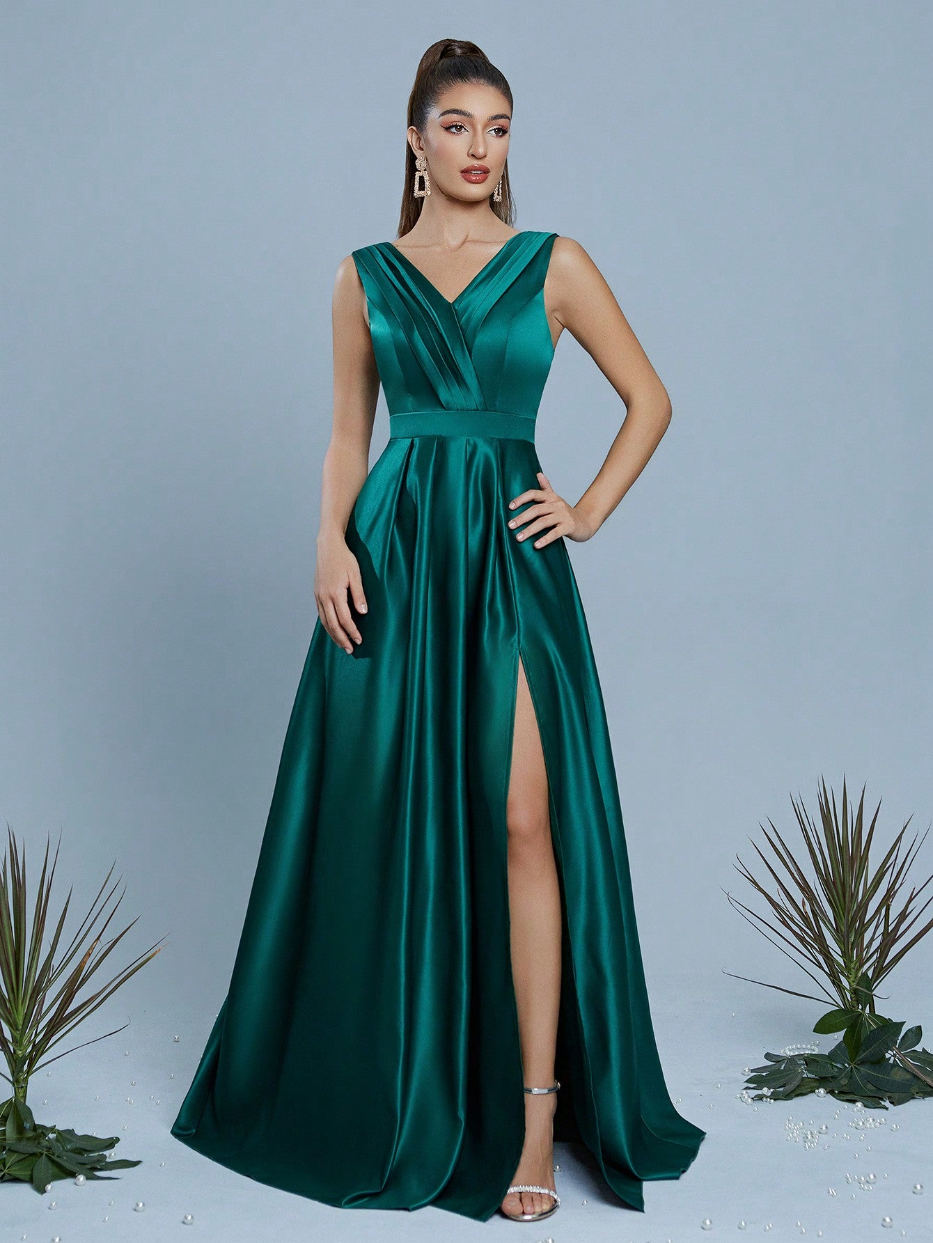 V-Neck Fold Pleated High Slit Maxi A-Line Dress, Bridesmaid Dress