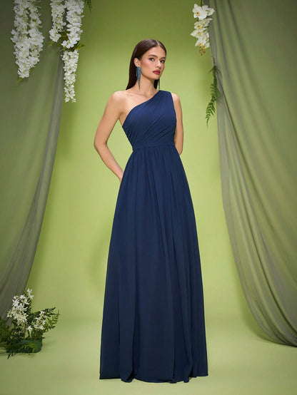 New Off-Shoulder Deep Blue Bridesmaid Dress Pleated Chiffon Maxi Dress
