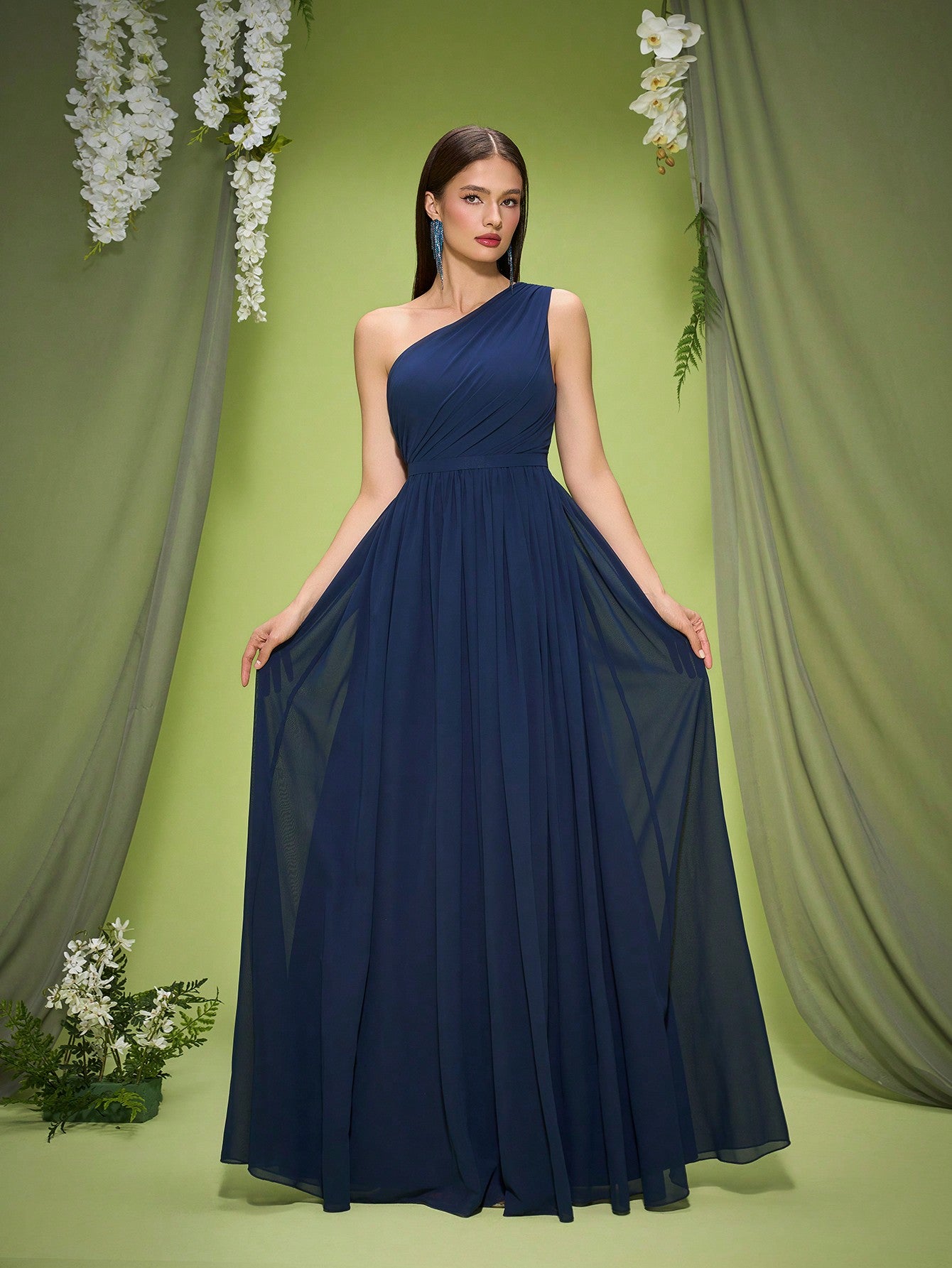 New Off-Shoulder Deep Blue Bridesmaid Dress Pleated Chiffon Maxi Dress