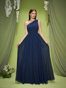 New Off-Shoulder Deep Blue Bridesmaid Dress Pleated Chiffon Maxi Dress