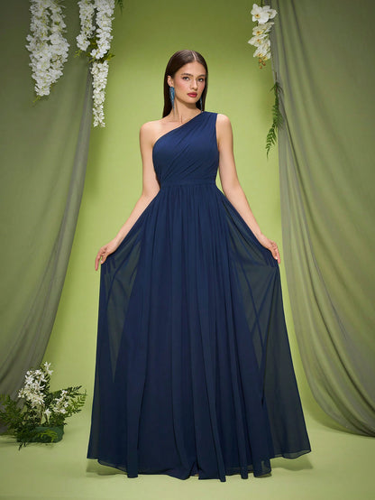 New Off-Shoulder Deep Blue Bridesmaid Dress Pleated Chiffon Maxi Dress