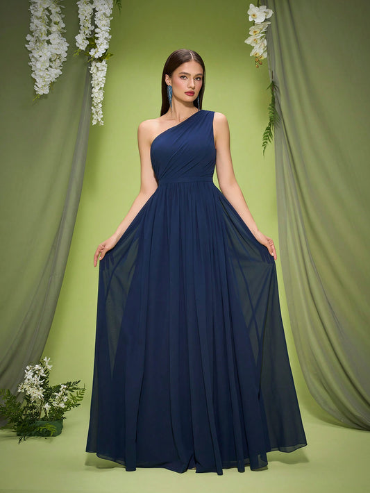 New Off-Shoulder Deep Blue Bridesmaid Dress Pleated Chiffon Maxi Dress