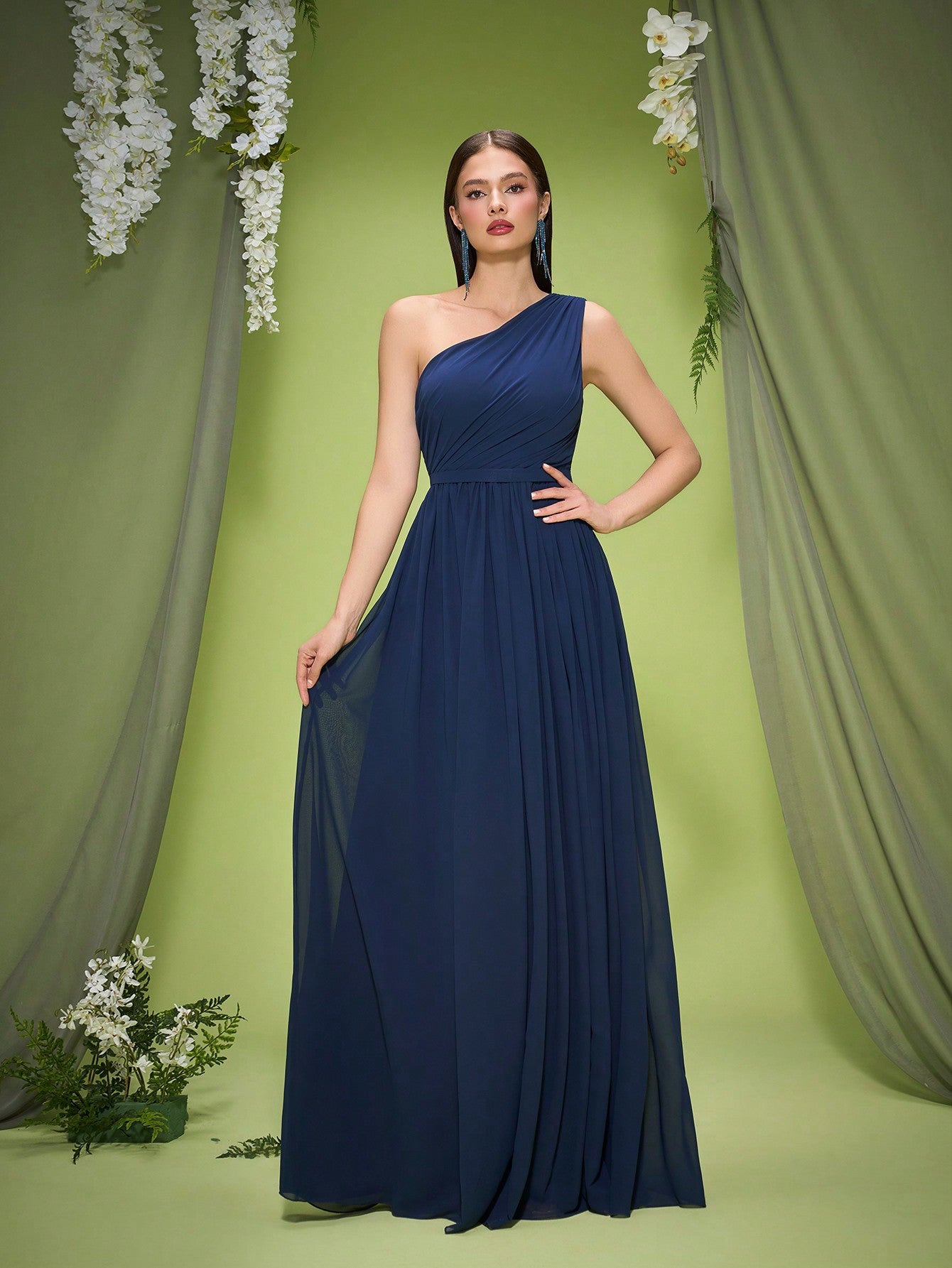 New Off-Shoulder Deep Blue Bridesmaid Dress Pleated Chiffon Maxi Dress