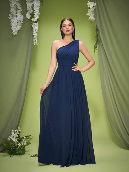 New Off-Shoulder Deep Blue Bridesmaid Dress Pleated Chiffon Maxi Dress