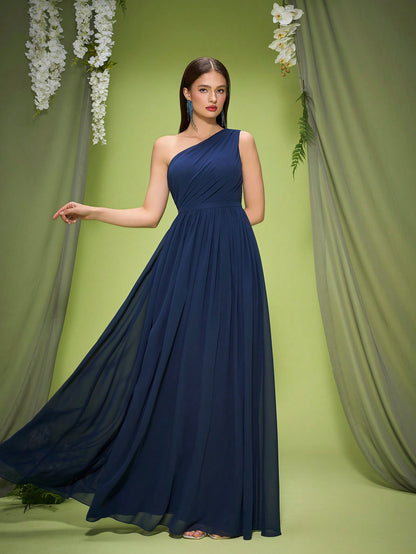 New Off-Shoulder Deep Blue Bridesmaid Dress Pleated Chiffon Maxi Dress