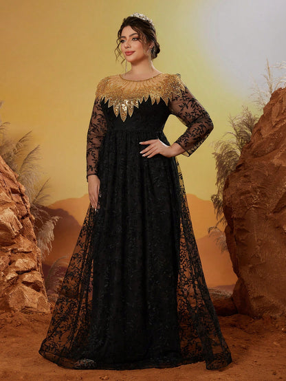 Plus Size New Arrival Round Neck Evening Gown Dress, Embroidery Flower Long Dress, Party Dress, Wedding Guest Dress, Formal Dress