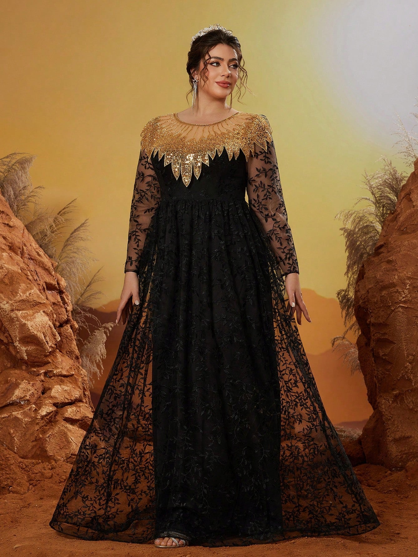 Plus Size New Arrival Round Neck Evening Gown Dress, Embroidery Flower Long Dress, Party Dress, Wedding Guest Dress, Formal Dress