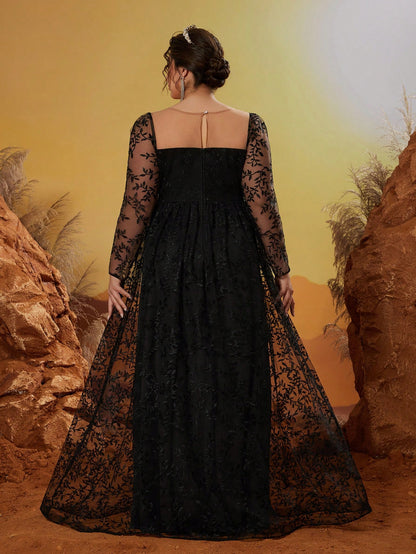 Plus Size New Arrival Round Neck Evening Gown Dress, Embroidery Flower Long Dress, Party Dress, Wedding Guest Dress, Formal Dress