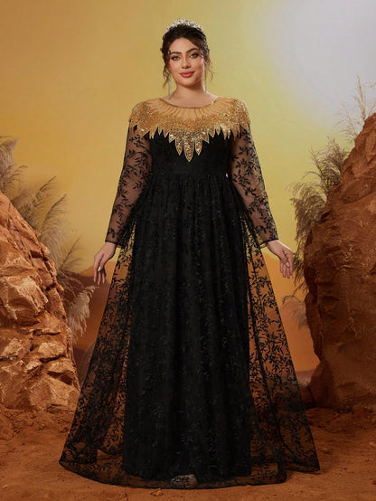 Plus Size New Arrival Round Neck Evening Gown Dress, Embroidery Flower Long Dress, Party Dress, Wedding Guest Dress, Formal Dress