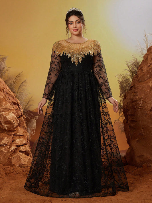Plus Size New Arrival Round Neck Evening Gown Dress, Embroidery Flower Long Dress, Party Dress, Wedding Guest Dress, Formal Dress