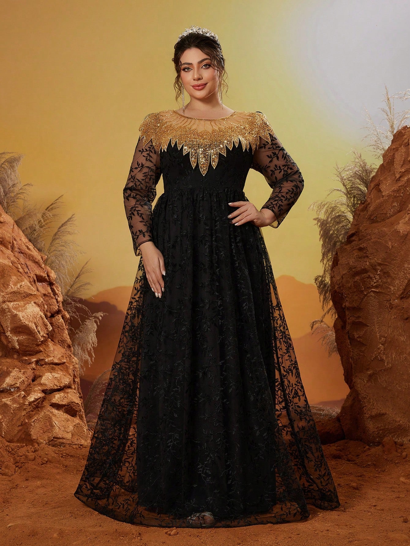 Plus Size New Arrival Round Neck Evening Gown Dress, Embroidery Flower Long Dress, Party Dress, Wedding Guest Dress, Formal Dress