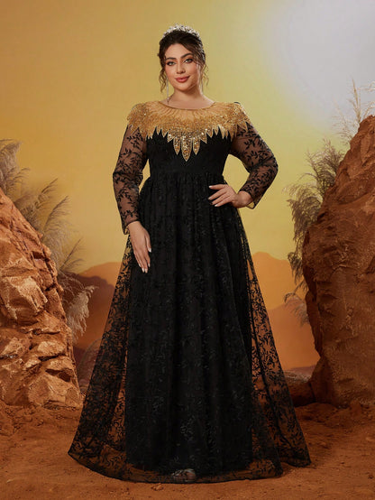 Plus Size New Arrival Round Neck Evening Gown Dress, Embroidery Flower Long Dress, Party Dress, Wedding Guest Dress, Formal Dress