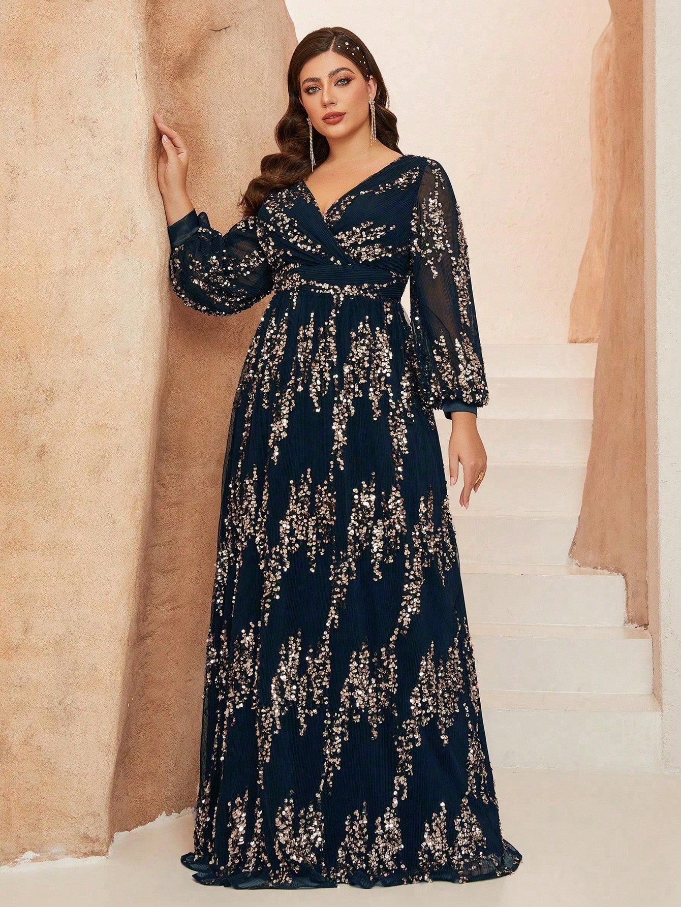 New Plus Size  V-Neck Elegant Ball Gown, Ruffle Lantern Sleeve Sequin Maxi Dress, Party Dress, Wedding Guest Dress, Formal Dress, Evening Gown, Maxi Dress Black Spring