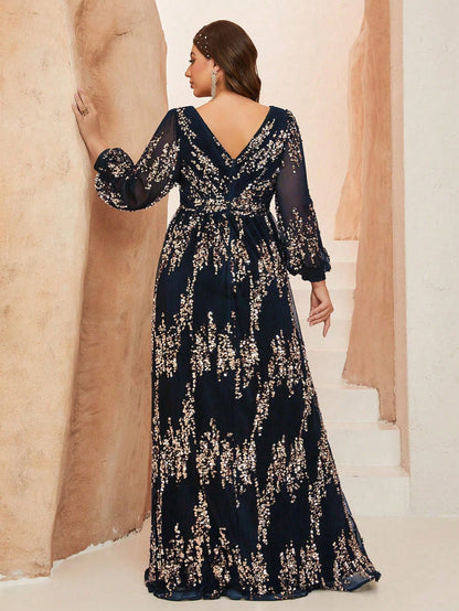 New Plus Size  V-Neck Elegant Ball Gown, Ruffle Lantern Sleeve Sequin Maxi Dress, Party Dress, Wedding Guest Dress, Formal Dress, Evening Gown, Maxi Dress Black Spring