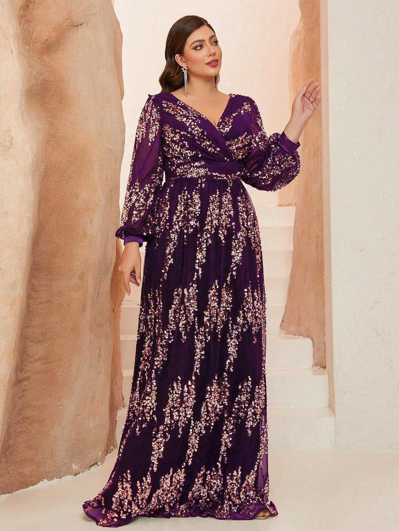 New Plus Size  V-Neck Elegant Ball Gown, Ruffle Lantern Sleeve Sequin Maxi Dress, Party Dress, Wedding Guest Dress, Formal Dress, Evening Gown, Maxi Dress Black Spring