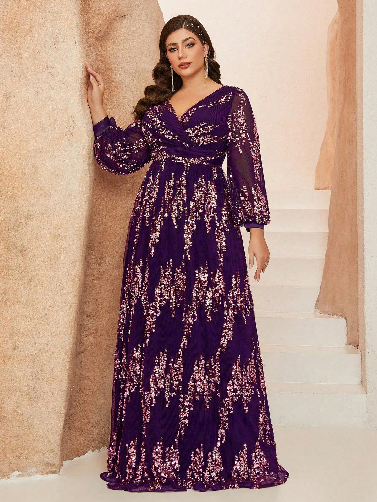 New Plus Size  V-Neck Elegant Ball Gown, Ruffle Lantern Sleeve Sequin Maxi Dress, Party Dress, Wedding Guest Dress, Formal Dress, Evening Gown, Maxi Dress Black Spring