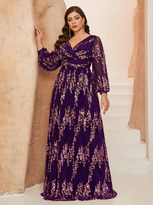 New Plus Size  V-Neck Elegant Ball Gown, Ruffle Lantern Sleeve Sequin Maxi Dress, Party Dress, Wedding Guest Dress, Formal Dress, Evening Gown, Maxi Dress Black Spring