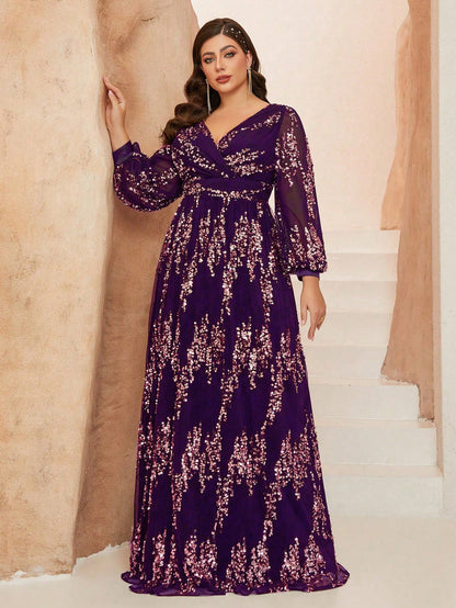 New Plus Size  V-Neck Elegant Ball Gown, Ruffle Lantern Sleeve Sequin Maxi Dress, Party Dress, Wedding Guest Dress, Formal Dress, Evening Gown, Maxi Dress Black Spring