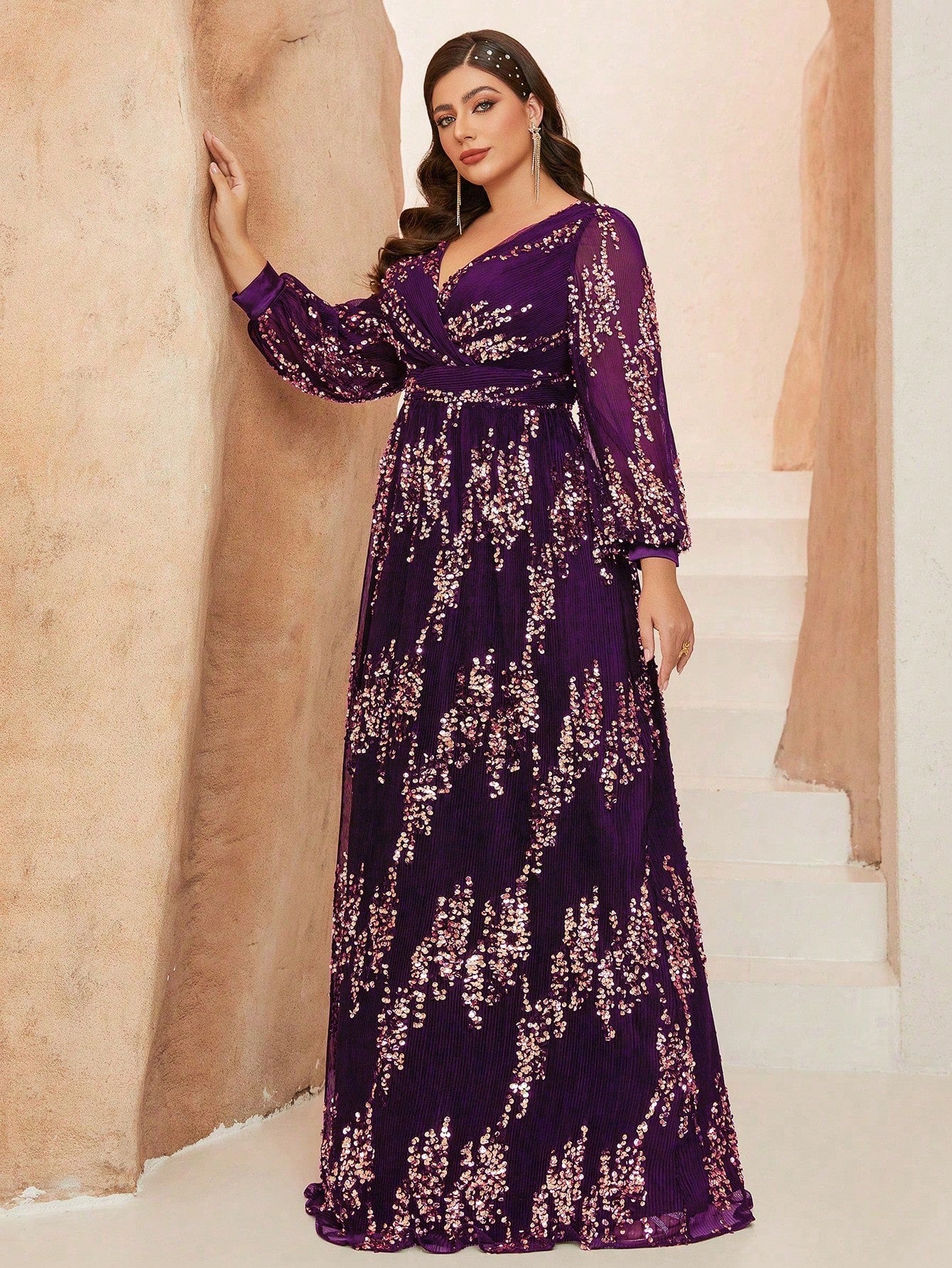 New Plus Size  V-Neck Elegant Ball Gown, Ruffle Lantern Sleeve Sequin Maxi Dress, Party Dress, Wedding Guest Dress, Formal Dress, Evening Gown, Maxi Dress Black Spring