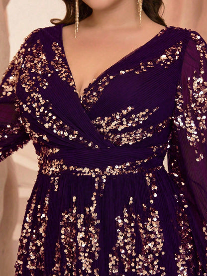 New Plus Size  V-Neck Elegant Ball Gown, Ruffle Lantern Sleeve Sequin Maxi Dress, Party Dress, Wedding Guest Dress, Formal Dress, Evening Gown, Maxi Dress Black Spring