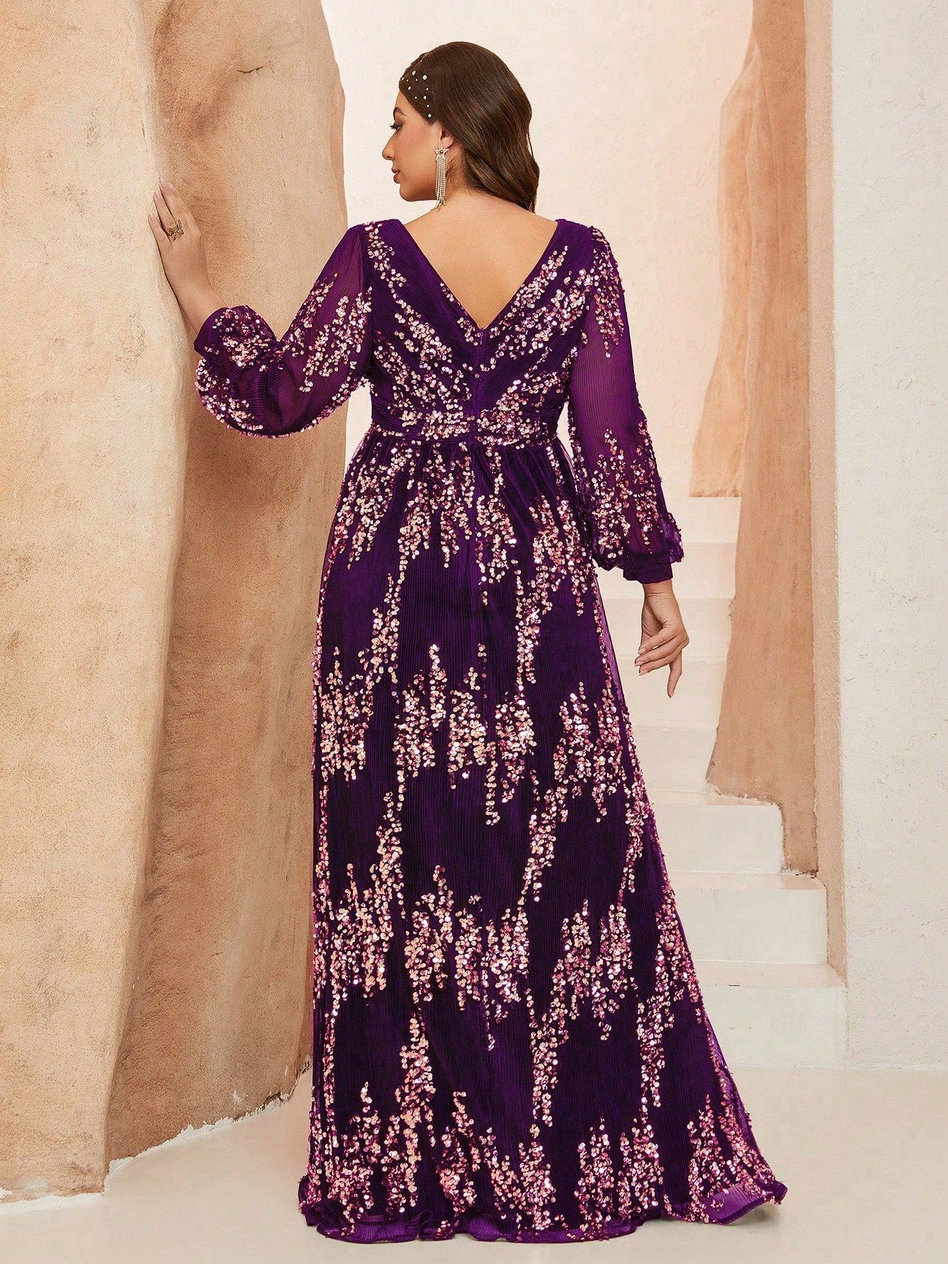 New Plus Size  V-Neck Elegant Ball Gown, Ruffle Lantern Sleeve Sequin Maxi Dress, Party Dress, Wedding Guest Dress, Formal Dress, Evening Gown, Maxi Dress Black Spring