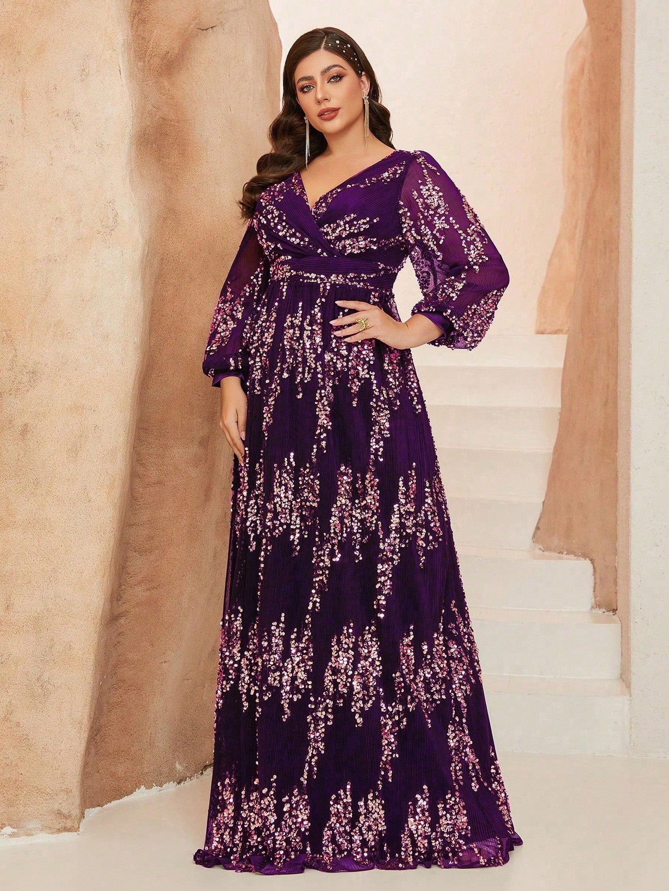 New Plus Size  V-Neck Elegant Ball Gown, Ruffle Lantern Sleeve Sequin Maxi Dress, Party Dress, Wedding Guest Dress, Formal Dress, Evening Gown, Maxi Dress Black Spring
