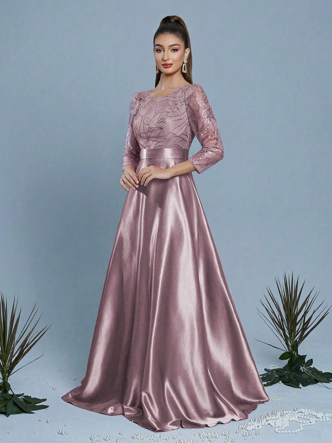 New Elegant Embroidered Sequin 3/4 Sleeve Bridesmaid Dress