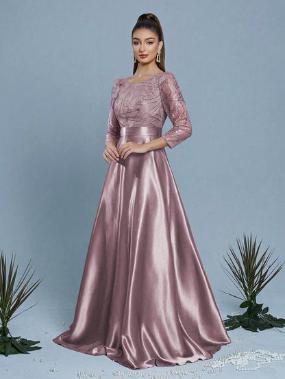 New Elegant Embroidered Sequin 3/4 Sleeve Bridesmaid Dress