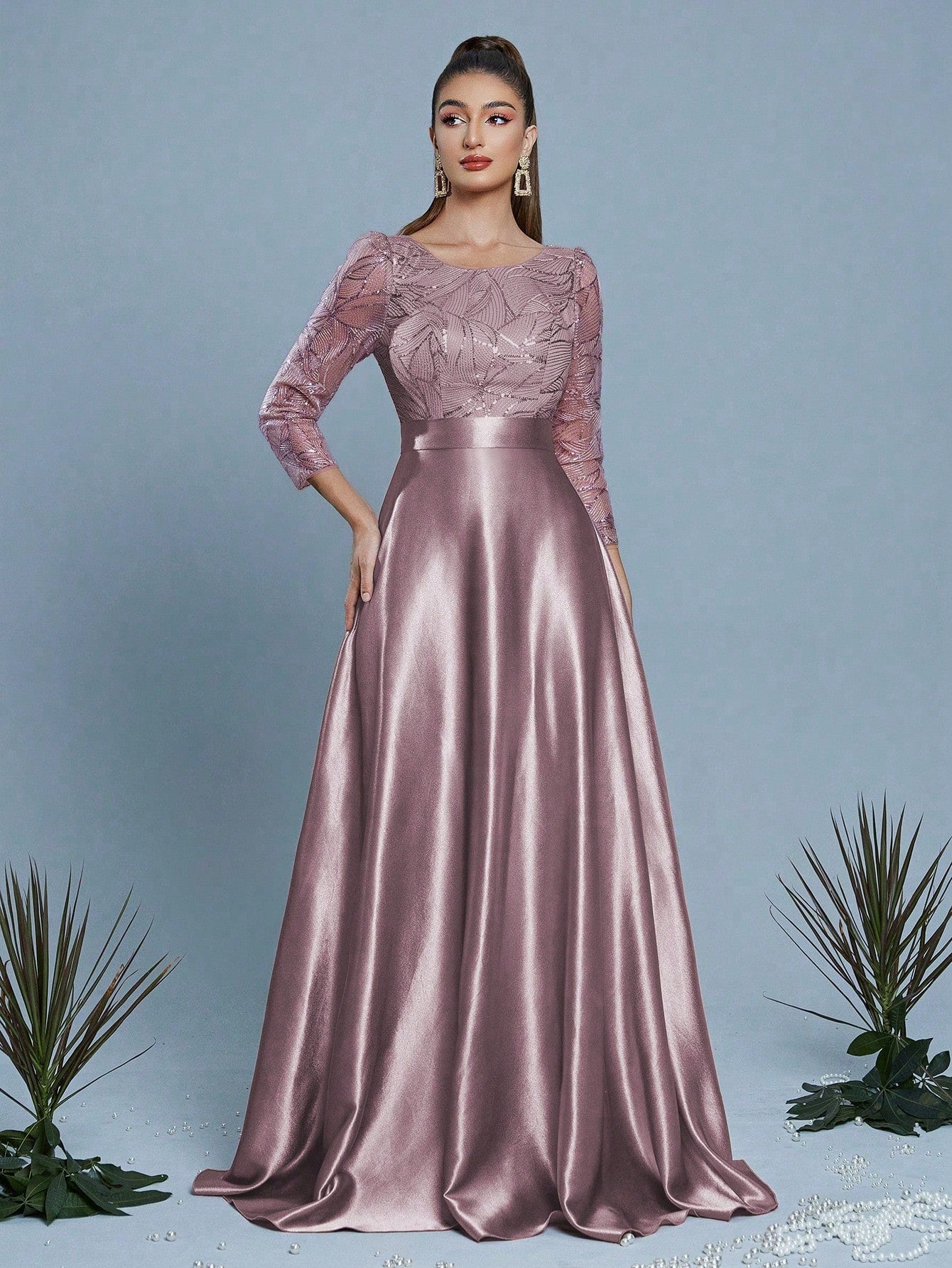 New Elegant Embroidered Sequin 3/4 Sleeve Bridesmaid Dress