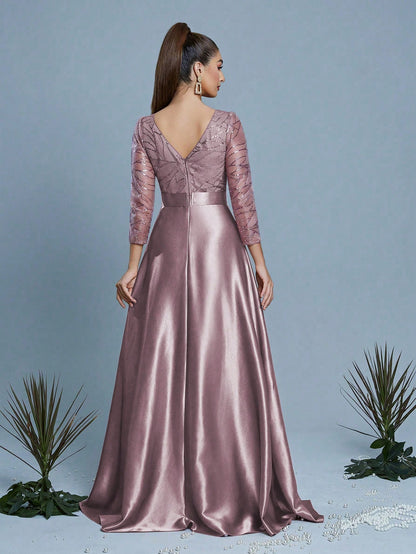 New Elegant Embroidered Sequin 3/4 Sleeve Bridesmaid Dress