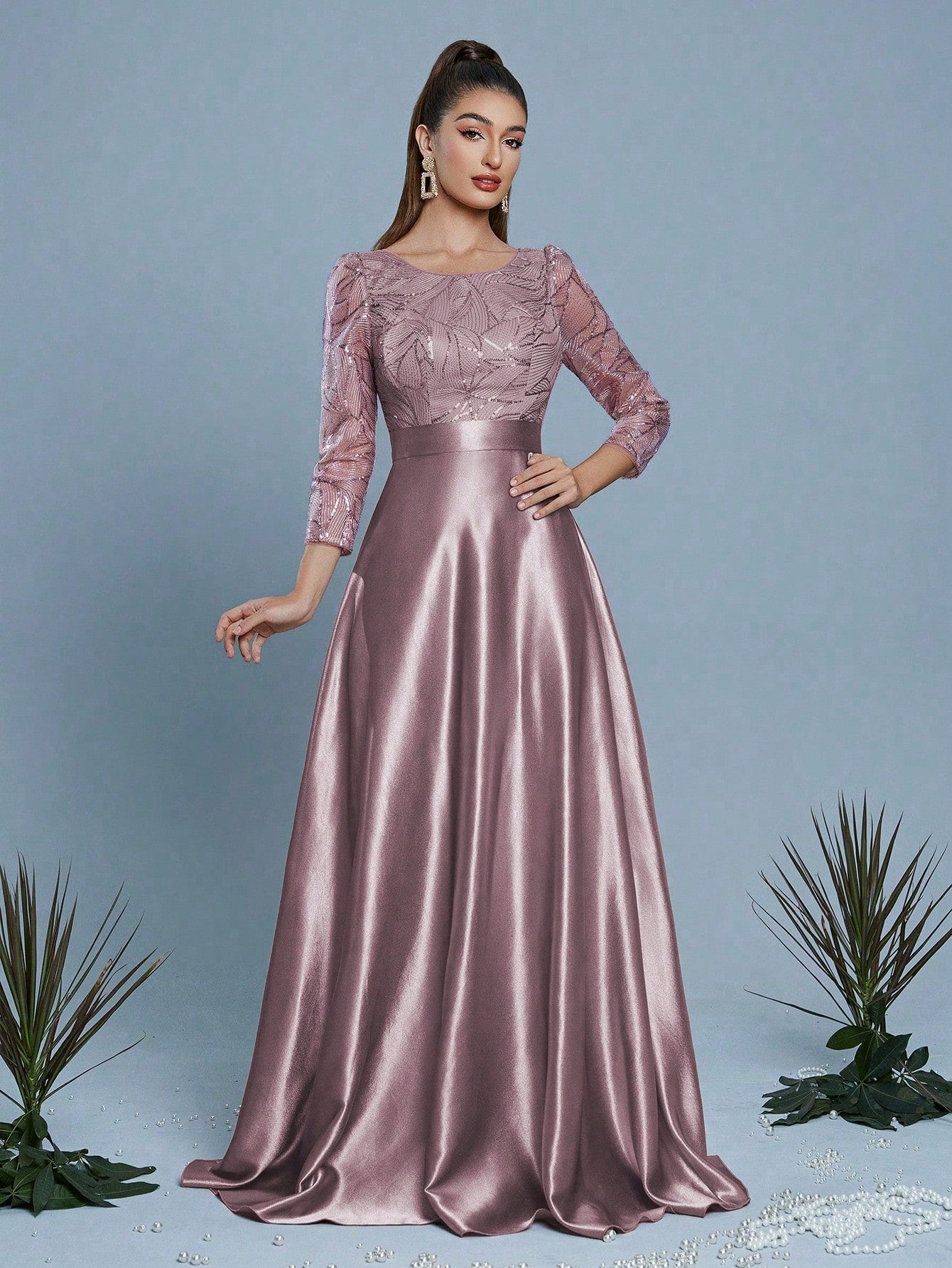 New Elegant Embroidered Sequin 3/4 Sleeve Bridesmaid Dress