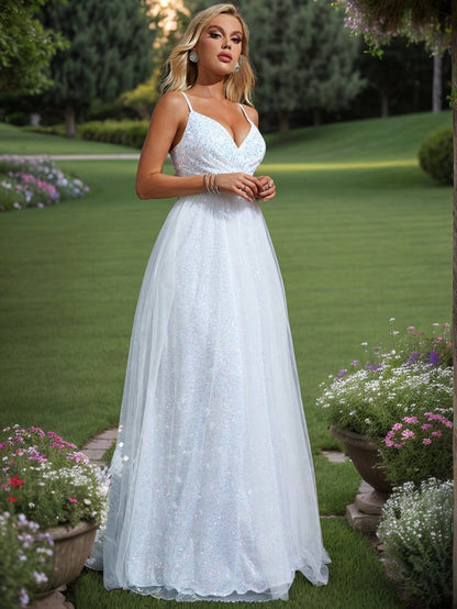 Spaghetti Strap Ruched Bust Pearl Waistband Tulle Sequin A-Line Wedding Dress Maxi Gown White