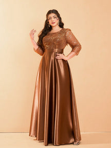 Plus Size Long Sleeve Round Neck Sequin & Satin Patchwork Maxi Length Dress, Formal, Party Dress, Gown, For Evening, Wedding Guest Spring