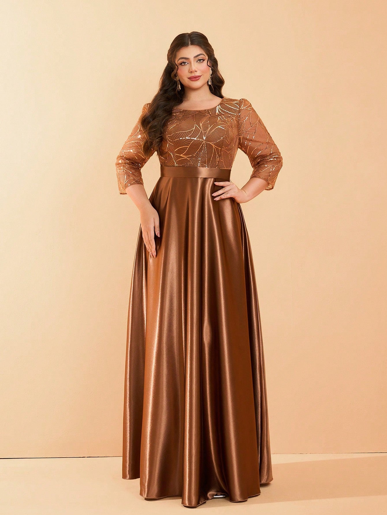 Plus Size Long Sleeve Round Neck Sequin & Satin Patchwork Maxi Length Dress, Formal, Party Dress, Gown, For Evening, Wedding Guest Spring
