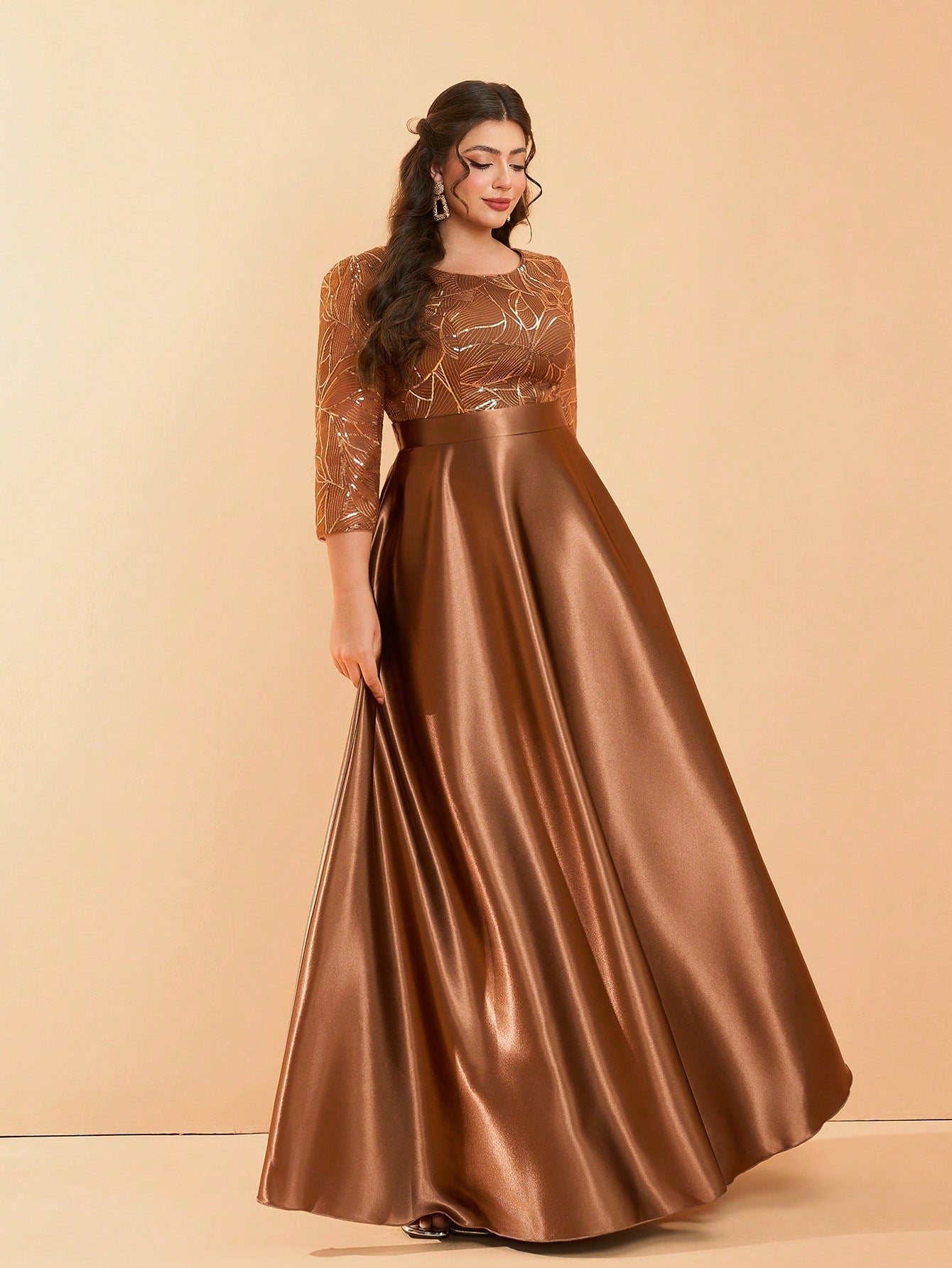Plus Size Long Sleeve Round Neck Sequin & Satin Patchwork Maxi Length Dress, Formal, Party Dress, Gown, For Evening, Wedding Guest Spring