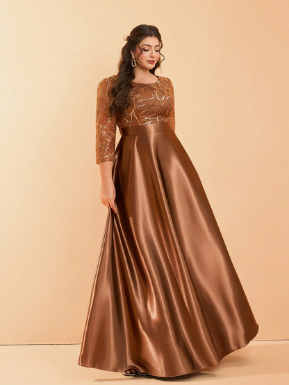 Plus Size Long Sleeve Round Neck Sequin & Satin Patchwork Maxi Length Dress, Formal, Party Dress, Gown, For Evening, Wedding Guest Spring