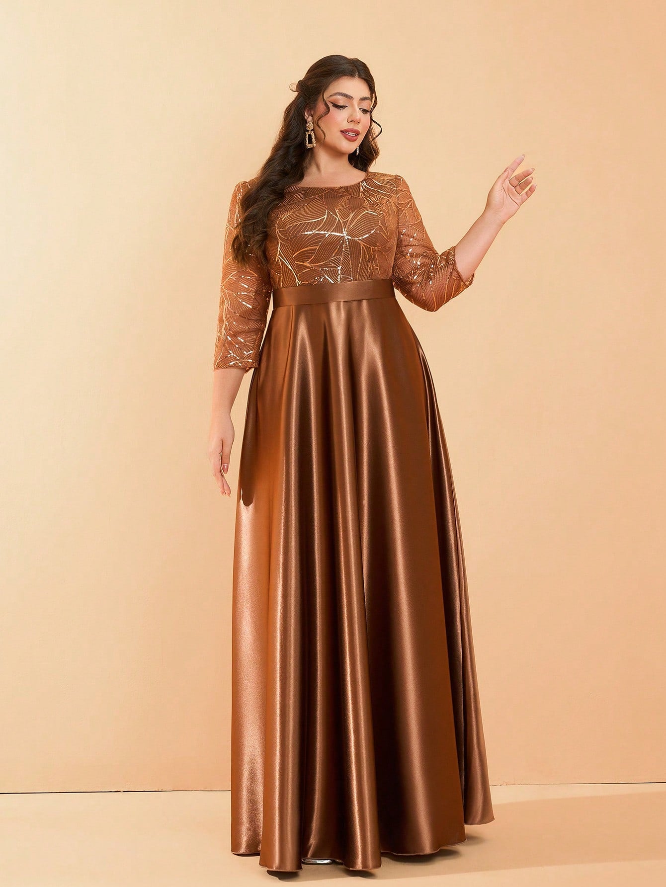 Plus Size Long Sleeve Round Neck Sequin & Satin Patchwork Maxi Length Dress, Formal, Party Dress, Gown, For Evening, Wedding Guest Spring