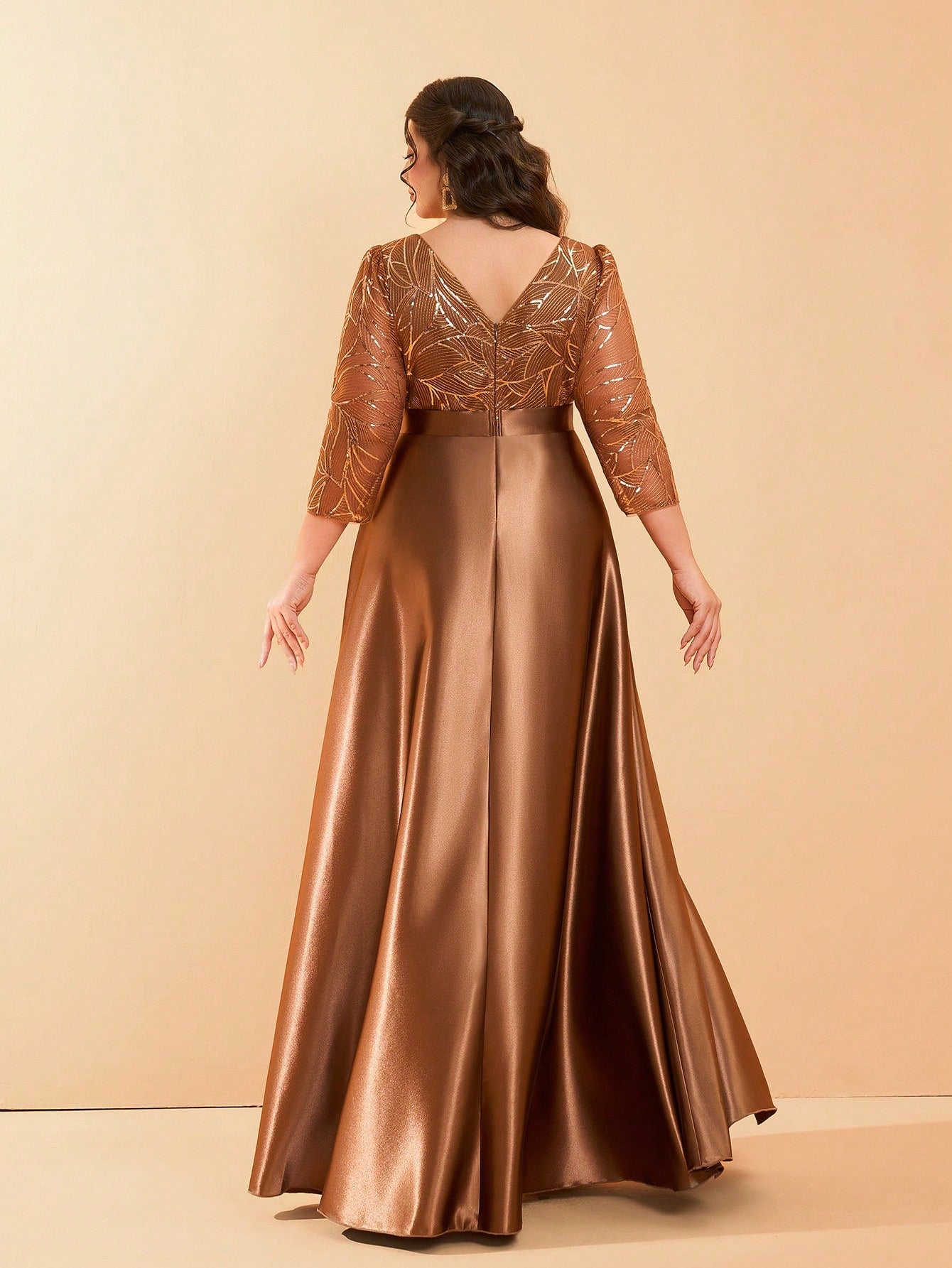 Plus Size Long Sleeve Round Neck Sequin & Satin Patchwork Maxi Length Dress, Formal, Party Dress, Gown, For Evening, Wedding Guest Spring