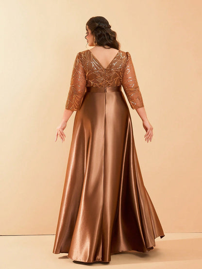 Plus Size Long Sleeve Round Neck Sequin & Satin Patchwork Maxi Length Dress, Formal, Party Dress, Gown, For Evening, Wedding Guest Spring